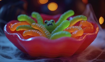 A few gummy worms in neon green and orange, placed in a spider-shaped dish, Halloween-themed glow