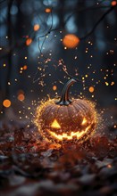 Glowing jack lantern on dark autumn background AI generated