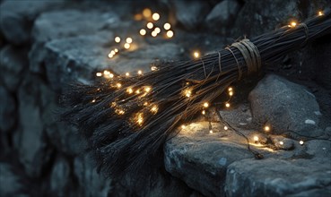 Witch's broom adorned with glowing garlands AI generated