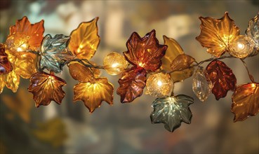 Garland of glass leaves and warm lights, cozy fall theme AI generated