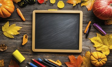 A wooden table decorated with autumn leaves, a chalkboard, and various school supplies AI generated