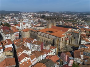 Aerial top view of old historic town Viseu with church and Cathedral, Portugal, Europe