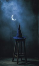 A dark blue wizard hat, silver crescent moon AI generated