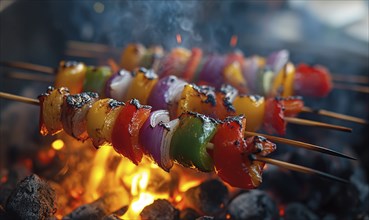 Skewers of colorful peppers and onions grilling over hot coals AI generated