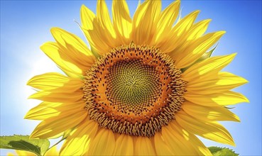 Close-up of sunflower center, intricate patterns, vibrant yellow petals AI generated