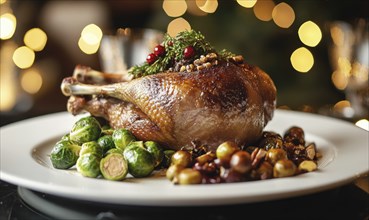 A plate of food with a roasted chicken and vegetables. The chicken is surrounded by broccoli and