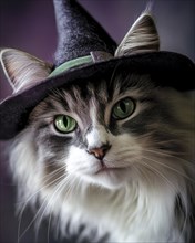 A fluffy grey and white cat, bright green eyes, wearing a small pointed witch hat AI generated