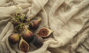 Fresh figs and leaves arranged on soft beige fabric creating a natural and organic atmosphere AI