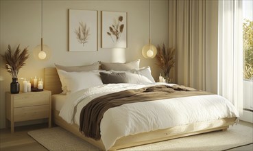 Simple bedroom with a white bed, light wooden nightstands, and autumn-themed artwork on the walls