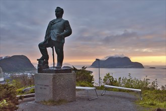 Alesund, Norway, May 2015: Kristoffer Randers statue at Aksla viewpoint in Alesund, Norway, Europe