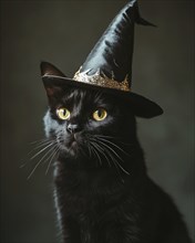 A black cat wearing a tall witch's hat AI generated