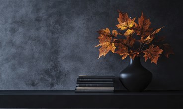 Sleek black table with a couple of books and a vase filled with autumn foliage AI generated