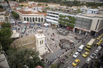 Athens, Greece, November 26th 2023: High angle view over Monastiraki Square and surroundings in