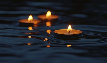 Multiple candles floating gently on a dark lake AI generated