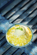 Coconut sorbet with mango coulis sauce and vanilla ice cream