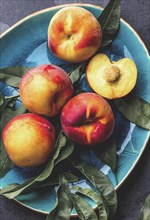 Food, Fresh ripe peach with peach tree leaves on blue plate, top view