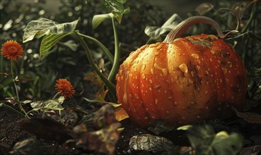 A close-up of a pumpkin vine with a focus on a single large pumpkin AI generated