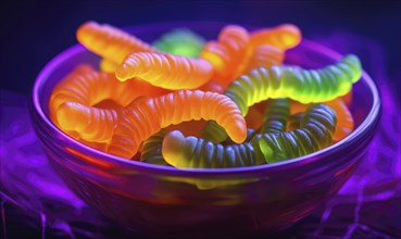 Bowl of gummy worms in orange and green, glowing under purple light, spooky Halloween setting AI