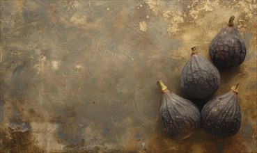 A group of whole figs placed on a rustic and textured background with a moody atmosphere AI