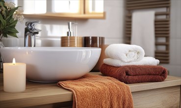 Simple bathroom with a white sink, wooden cabinet, autumn-colored towels, and candles on the