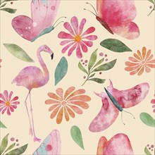 Seamless watercolor pattern illustration with butterflies, flamingos, flowers and leaves on yellow