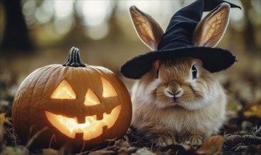 A fluffy rabbit with long ears, donning a black hat sitting next to a glowing pumpkin AI generated