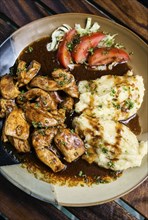 Chicken breast with brown gravy sauce and mashed potato meal