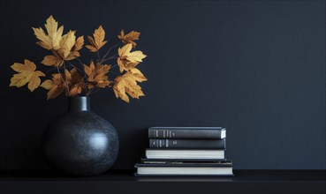 Sleek black table with a couple of books and a vase filled with autumn foliage AI generated