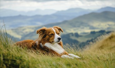 Collie lying on a grassy hill, mountains in the distance AI generated