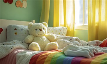 Plush bear nestled in blankets, rainbow-themed bedding, soft green walls AI generated