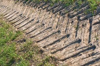 The trace of the tractor, dry soil in the field