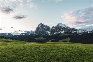 Panoramic view of the Langkofel Group from Seiser Alm in the Dolomites in South Tyrol, Italy,