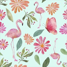 Seamless watercolor pattern illustration with butterflies, flamingos, flowers and leaves on