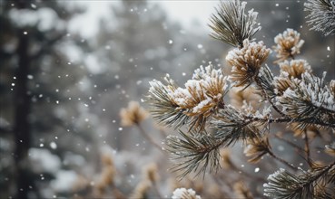 Wintery pine needles, white snow dusting AI generated