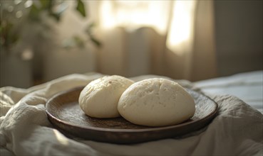 Two small white pastries on a wooden plate. The plate is on a bedspread AI generated