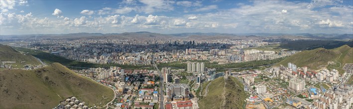 Aerial panorama view of Ulaanbaatar city and Memorial on Zaisan Tolgoi, Mongolia, Asia