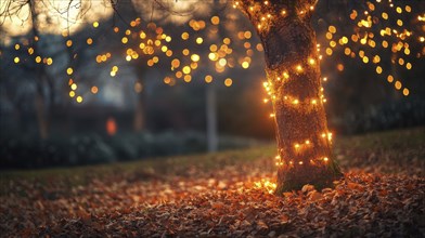 Bare autumn tree with few remaining leaves, strung with warm glowing fairy lights AI generated