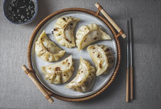 Food Photography, Gyoza Japanese korean dumplings on gray plate on the tabl. Top viewe