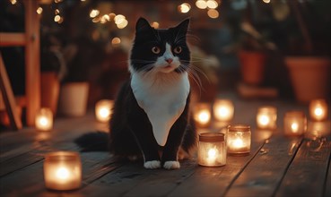 A black and white cat with a ghost costume, sitting on a wooden floor with glowing candles around