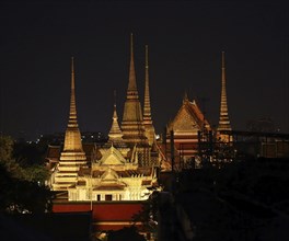 Towers of Wat Phra Kaew in Grand Palace at night, Bangkok, Thailand, Asia