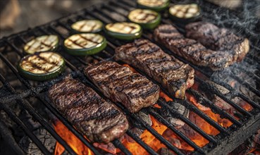 Red-hot charcoal glowing beneath a grill AI generated