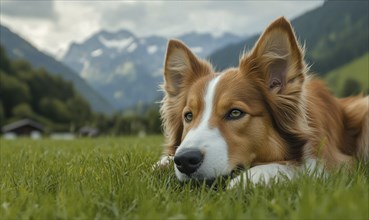 A Collie lying on green grass, with mountains in the background AI generated