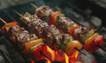 Skewers of mixed meat and vegetables on a grill AI generated