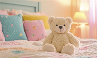 Plush bear sitting on bed, colorful pillows, cozy blankets AI generated