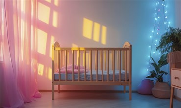 Wooden crib in a light blue nursery, glowing pink and purple lights AI generated