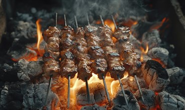 Skewers of mixed meat and vegetables on a grill AI generated