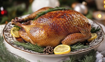 A large roasted turkey with lemon slices and pine cones on top of a white plate. Concept of warmth