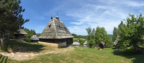 Panorama of old houses in ethno village Sirogojno in Zlatibor surroundings, Serbia, Europe