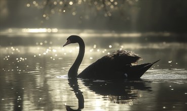 Black swan floating on a quiet river, soft ripples and shadows reflecting on the water AI generated