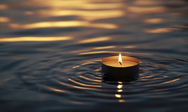 A floating candle creates ripples on a calm water surface, reflecting warm light in a serene night